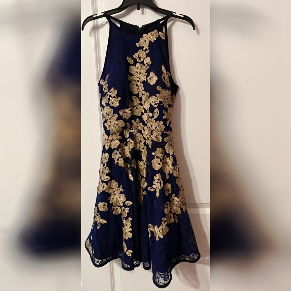 XSCAPE Navy Gold Embroidered Floral Dress